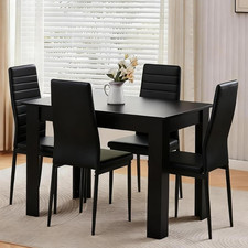 Compact Dining Room Set for 4, 110x70 cm, Wooden, Walnut Black, Faux Leather