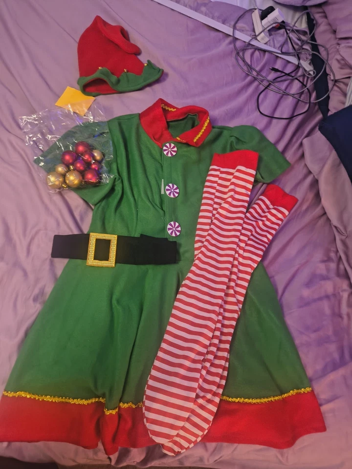 女士 Sm/M Elf 套装带帽子、腰带、礼服、腿、球形装饰带夹子 — 第 3/4 张图片