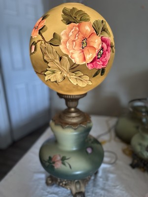 Antique Hand Painted Glass Ball Oil Lamp Shade Globe Floral Design WOW!
