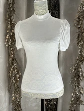 Floerns White Puff Sleeve Mock Neck Ribbed Top - Medium Layering Essential Basic