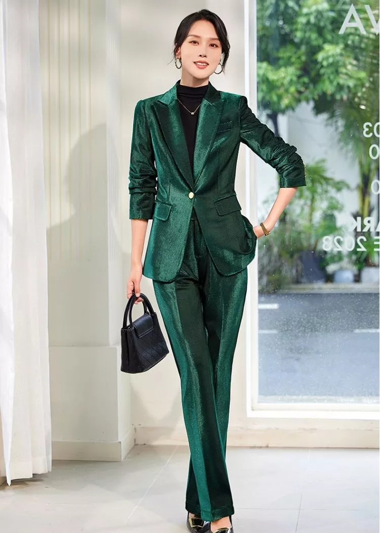 Conjunto De Mujer Verde De Terciopelo Elegante Chaqueta Y Pantalón Slim CF61822