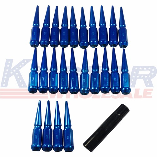 Blue Spike Lug Nuts with Key 24 PCS For Chevy Silverado Tahoe 4.4" Tall 14x1.5 - Picture 7 of 12
