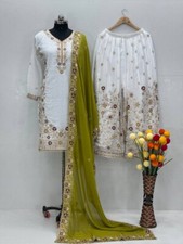 Indian Reception Wear Georgette Top Palazzo And Olive Green Dupatta For Women