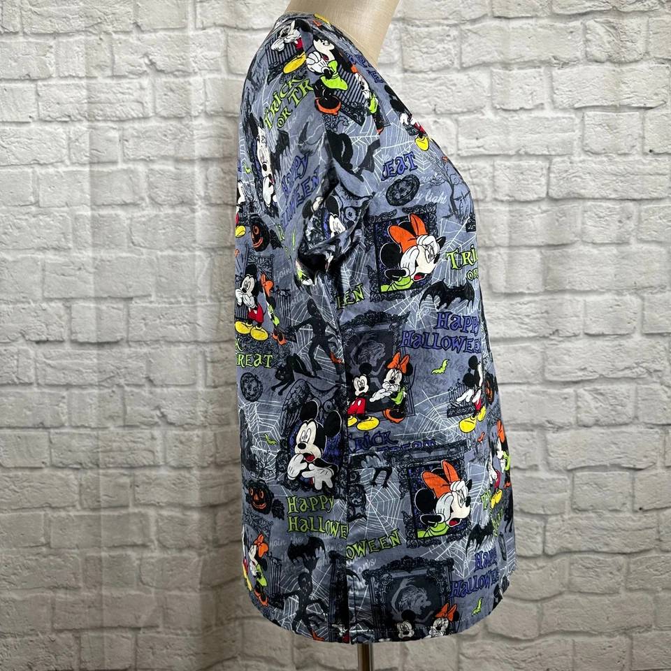 Disney Mickey & Minnie Mouse Haunted House Happy Halloween Scrub Top XS Pockets - Image 4 of 4