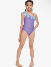 Speedo Girls Asymmetrical Ruffle One Piece Swimsuit Lilac Large