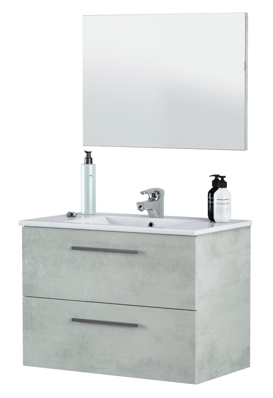 Mueble baño 2 cajones y espejo con lavamanos de cerámica 80x45x57 cm