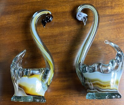 Pair of Murano Glass Swan Bombonieres art glass vintage mid century Modern Mcm