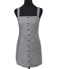 Hollister Button Down Stretch Pinstripe Linen Sun Dress Size M Black White Mini