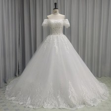 Elegant Off-shoulder Beaded Lace Wedding Dresses Applique Lace-up Sweep Train