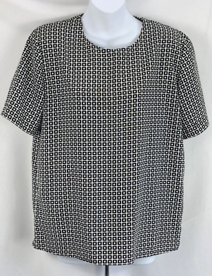 Vintage notations silky top M Blk Wht Geometric Career Office Retro 90s Y2K