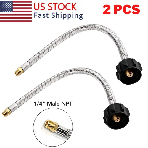 2PCS 15 In Male 1/4" NPT QCC1 RV LP Propane Pigtail Hoses with Gauge Connector - Picture 2 of 8