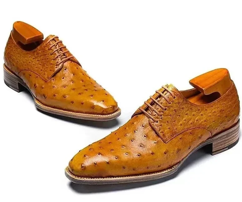 Sapato de negócios masculino feito à mão couro de avestruz bronzeado, sapatos sociais com cadarço, sapatos derby - Imagem 3 de 4