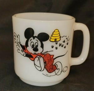 Vintage Mickey Mouse Club Mickey w/ Beehive Milk Glass Mug Libby 1960's