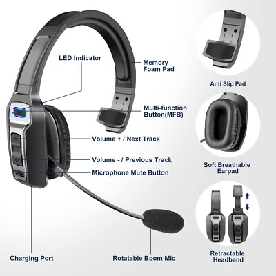 Trucker Bluetooth 5.2 Headset Wireless With Noise Cancelling Mic 