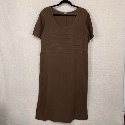 #ad Kleen Linen Maxi Dress Women’s M Brown Pockets Side Slits Made In USA Lagenlook $37.95