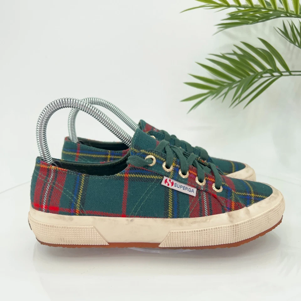 Zapatilla deportiva Superga para mujer de tartán talla 6 tejida de lona parte superior baja verde roja Foto 3 de 4