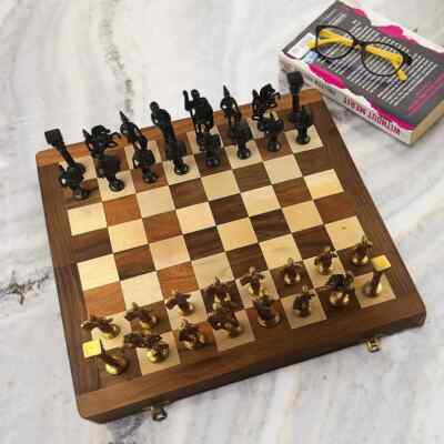 Handcrafted Wooden Quality Chess Set with Brass Sculpted Pieces in Ancient Roman