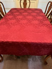 58" X 98" Burgundy Polyester Christmas Tablecloth w/ Poinsettias Holly Design