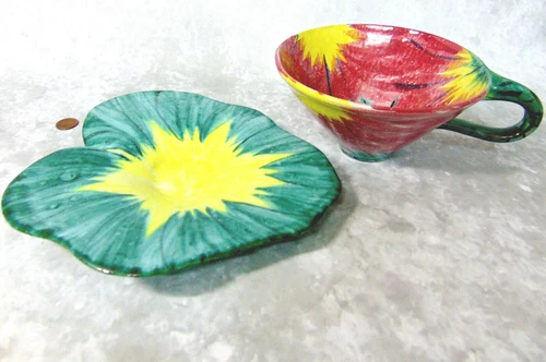 VTG Studio Art Pottery COFFEE TEA CUP & 9” SAUCER 9” Lilly Pad Flower Plate 2Pc