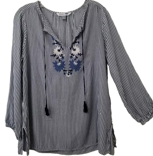Old Navy Blouse Womens Medium Blue White Striped Embroidered Peasant Tunic - 第 6/15 張圖片