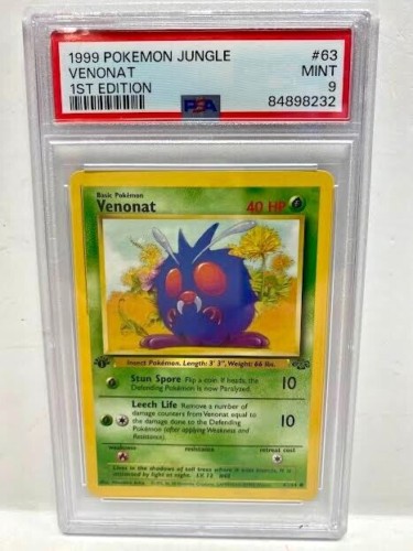 1999 Pokemon Jungle 1st Edition Venonat 63/64 PSA 9 MINT W/ *Error on left side* - Picture 1 of 2