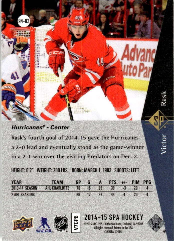 2014-15 SP Authentic 94-95 Retro Victor Rask Carolina Hurricanes #94-83 - Image 2 of 2
