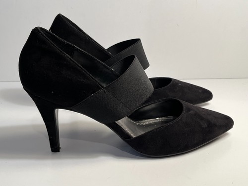 Impo Tippy Stretch Strap Slip on Black Faux Suede Heels Pumps Women's Size 9.5M