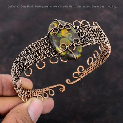 Valentines Deal Oval Fruit Jasper Gemstone New Wire Wrapped Bangle Cuff Copper