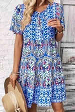 NWT Blue Paisley Boho Mini Dress Tiered Babydoll V-Neck Resort Vacation XXL