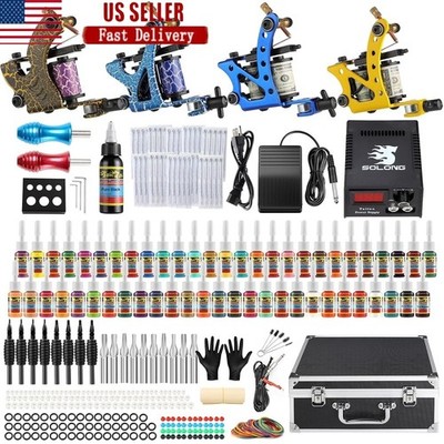 Tattoo Machine Kit W/ LCD Power Supply 4 Pro Liners Shaders 54 Ink Bottles New