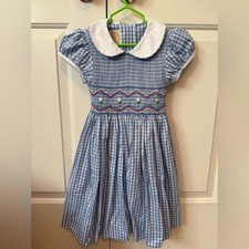 The Beaufort Bonnet Company Smocked Blue Gingham Kids Dress with White Collar