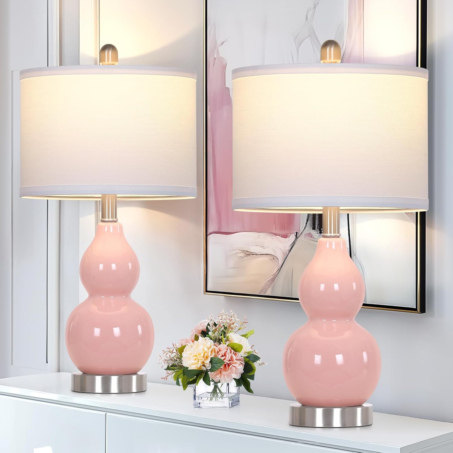 Set of 2 Modern Pink Double Gourd Ceramic Table Lamps with Bulbs Included