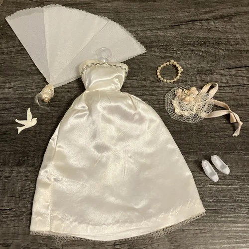 Vintage Barbie Size 1960s Outfit Set -  White Silk Gown  Dress & Accessories