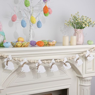 Easter Decorations Wooden Beads Bunny Banner Rustic Farmhouse Welcome Happy East