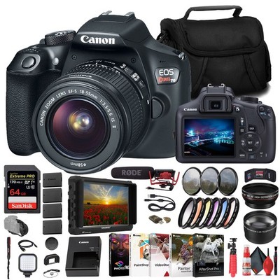 Canon EOS Rebel T6 DSLR Camera W/ 18-55mm Lens + Monitor + Mic + 64GB Card +