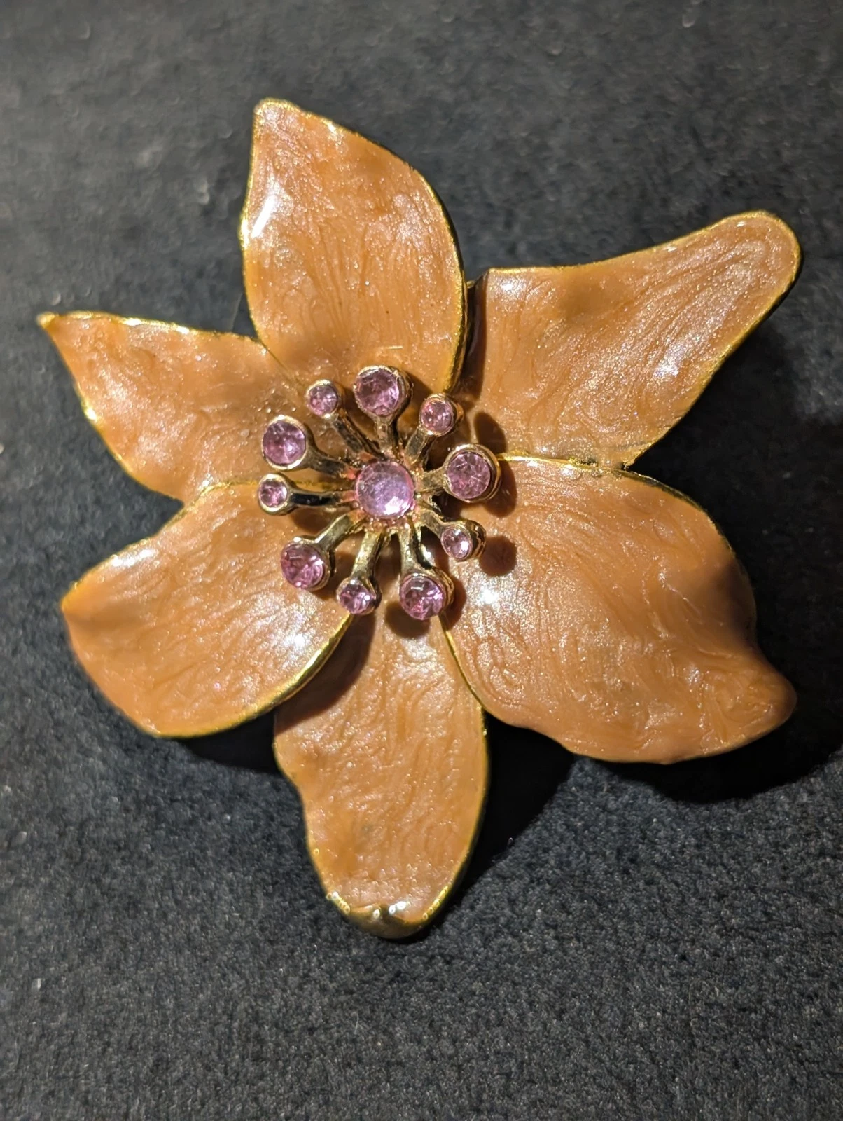 Vintage Brooch Peach Flower Enamel Pink Rhinestones Orange-Brown VTG Runway