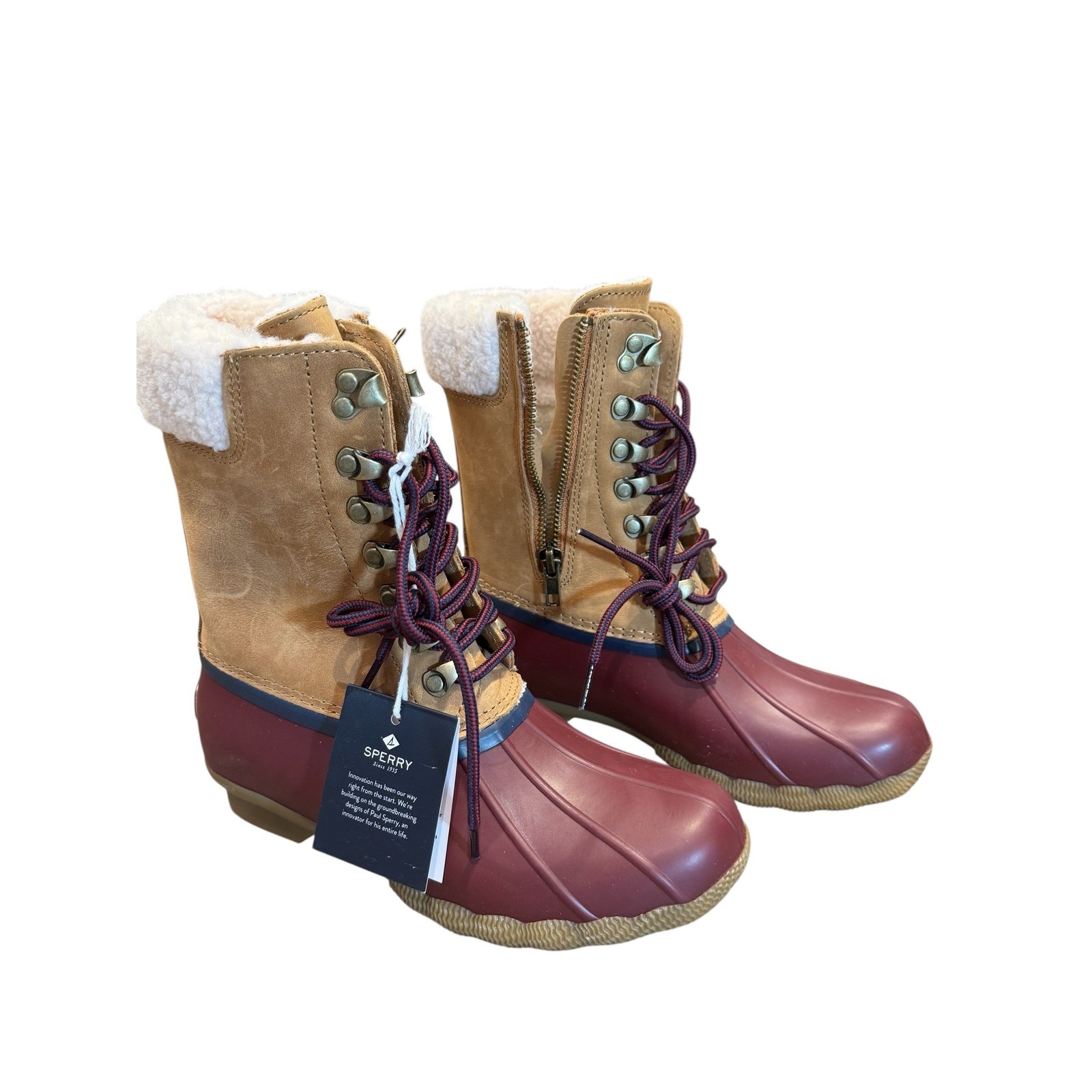 Sperry Saltwater Tall Leather Tan Duck Boots Waterproof Shearling Women's Size 6