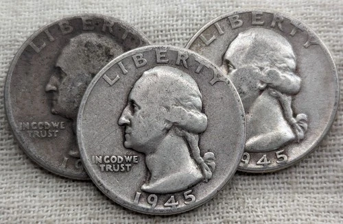 1945 Washington Quarters PDS Lot of 3 : 1945P 1945D 1945S - .9 Fine Silver Coins