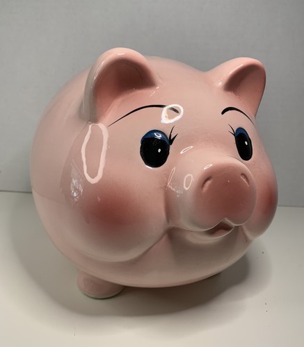 Large Vintage Pink Piggy Bank Mid Century Fat Bell Ceramic Coin Bank Retro Decor