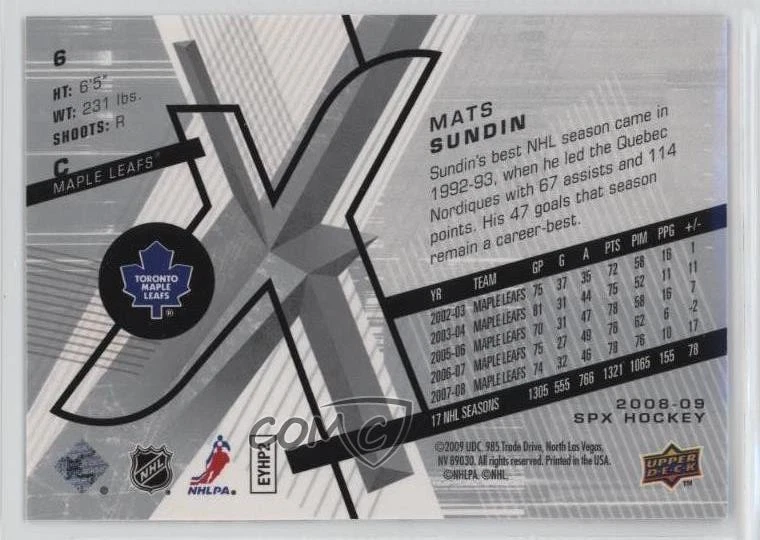 2008-09 SPx Mats Sundin #6 HOF - Image 2 of 2