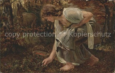 Artist card H. Neuhaus a fairy tale forest deer berries woman 