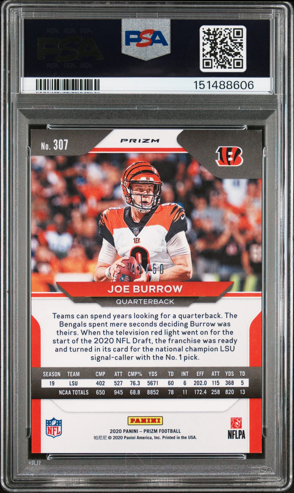 2020 Panini Prizm Joe Burrow #307 No Huddle Red 41/50 Short Print Rookie PSA 8 view 2