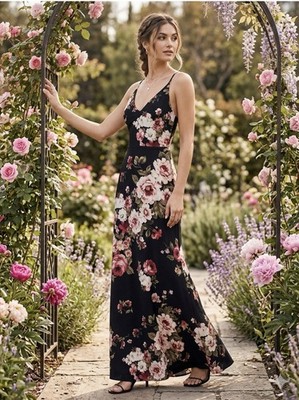 Windsor Women's Black Floral V-Neck Strappy Sleeveless Maxi Dress S