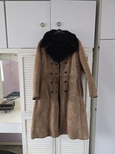 Vintage Real Sheepskin Shearling Coat UK Large Brown Suede Long Penny Lane Style