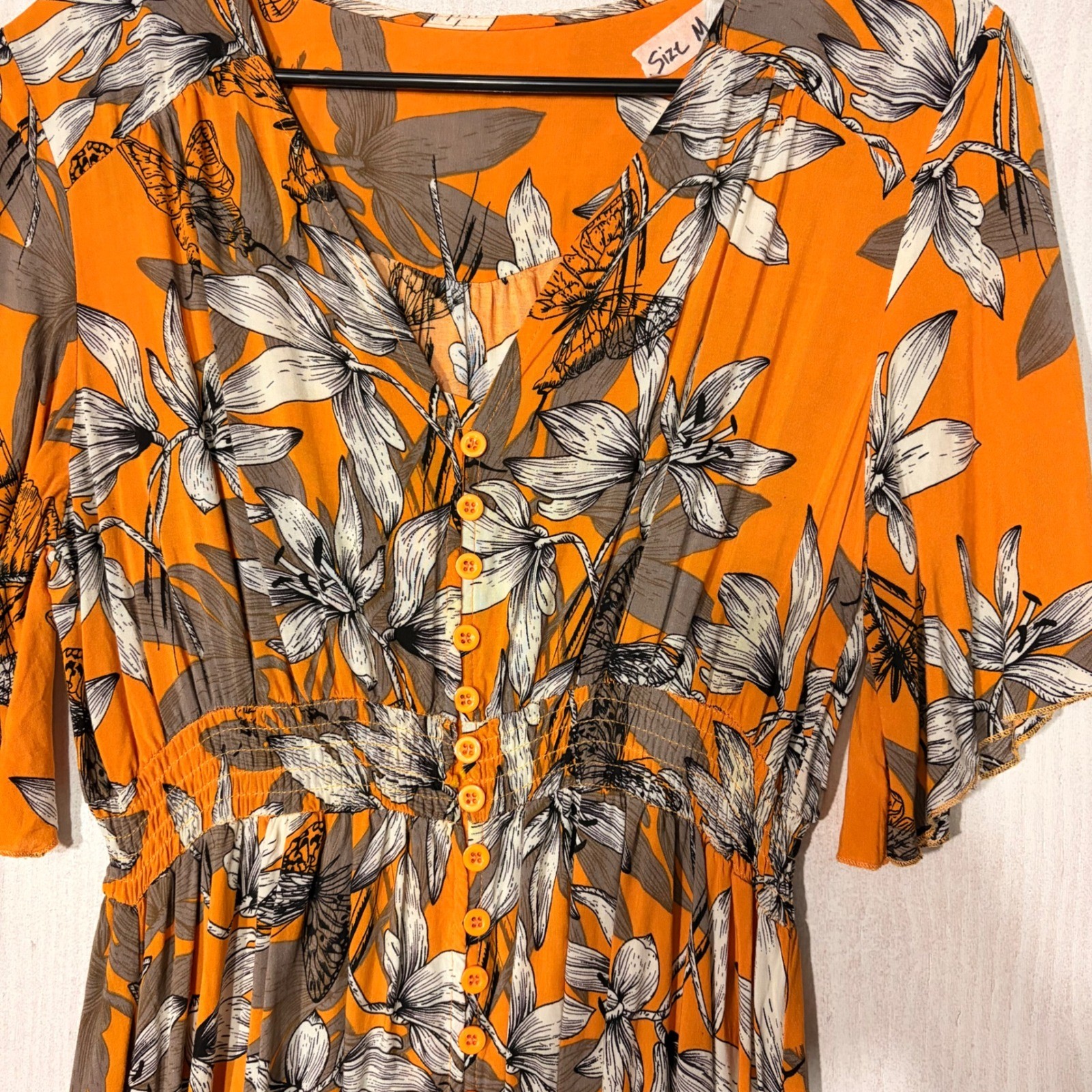 Unbranded Floral Butterfly Mini Dress Womens Size M Orange Button Front Boho image 6