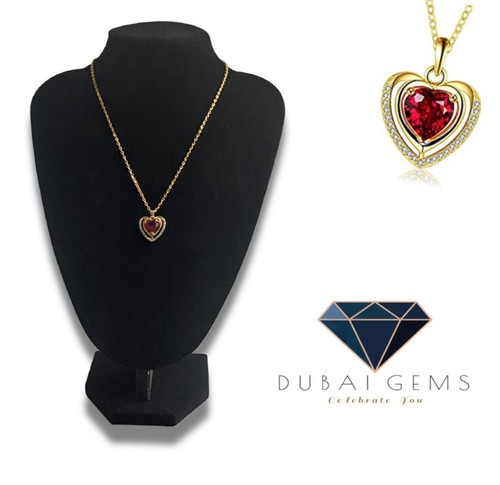 YELLOW GOLD FINISHED RED RUBY AND CREATED DIAMOND HEART CUT NECKLACE GIFT BOXED - Picture 9 of 12