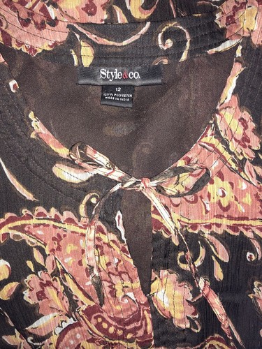 Blusa Style & Co Naranja y Marrón Forrada Transparente Boho Lazo en el Cuello o Dejar Colgar - Imagen 3 de 8