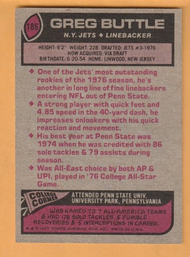 Greg Buttle New York Jets 1977 Topps #186 Penn State Nittany Lions Linwood NJ - Picture 2 of 2