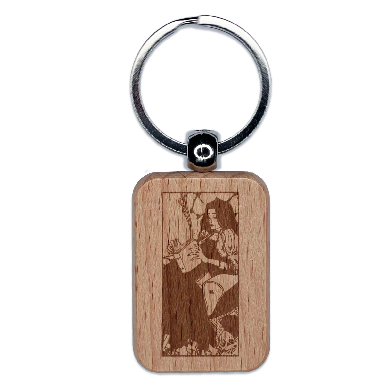 Goth Victorian Girl Reading Book Engraved Wood Rectangle Keychain Tag Charm