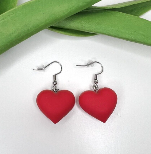 Handmade 3D red heart love charm silver hook earrings jewelry - Picture 4 of 4